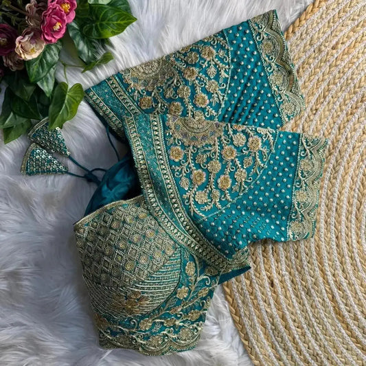 Teal Green Heavy Embroidered Wedding Blouse Designs for Bridal Sarees - RPD Fashion