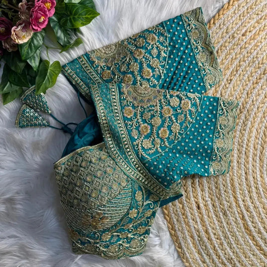 Teal Green Heavy Embroidered Wedding Blouse Designs for Bridal Sarees - RPD Fashion