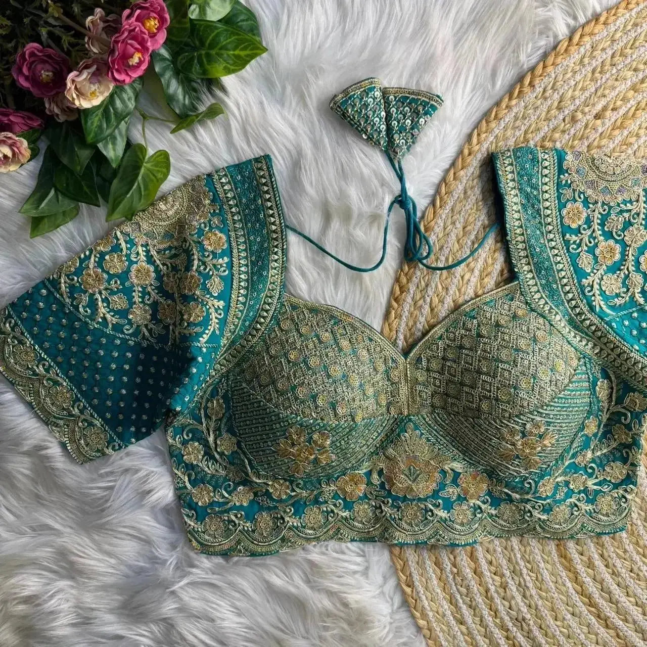Teal Green Heavy Embroidered Wedding Blouse Designs for Bridal Sarees - RPD Fashion