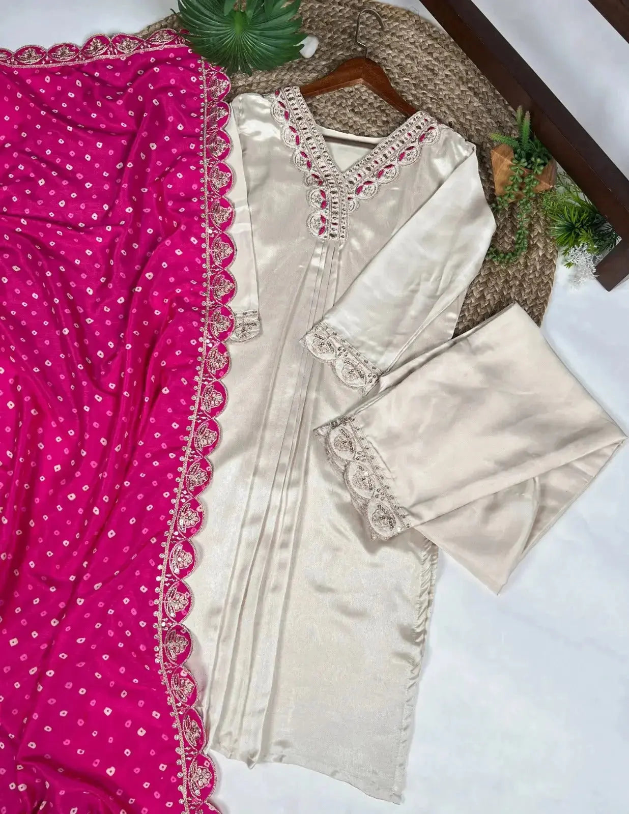 This cream Moonga silk suit with fine embroidery exudes effortless elegance, while the fuchsia pink dupatta💗 - RPD Fashion