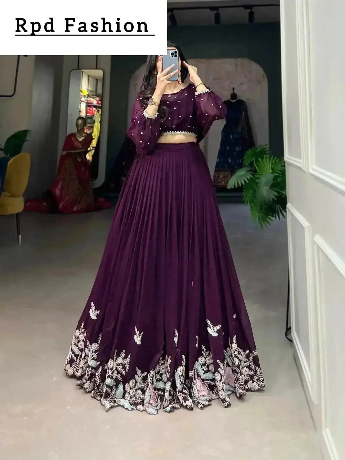 this stitched lehenga set includes georgette fabric with sequin-thread embroidery and a matching top with beautiful lace-bordered sequin butties. - rpd fashion
