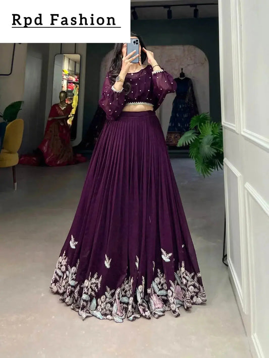 This stitched lehenga set includes Georgette fabric with sequin-thread embroidery and a matching top with beautiful lace-bordered sequin butties. - RPD Fashion