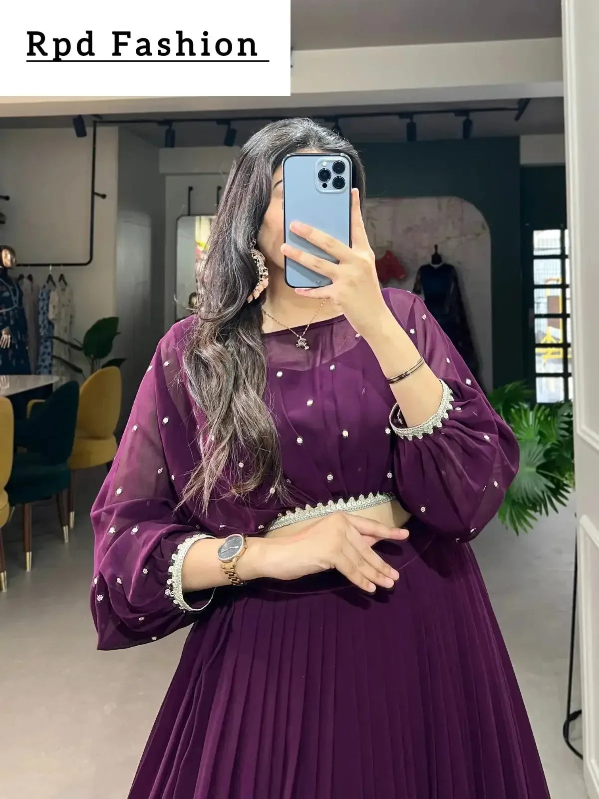 This stitched lehenga set includes Georgette fabric with sequin-thread embroidery and a matching top with beautiful lace-bordered sequin butties. - RPD Fashion