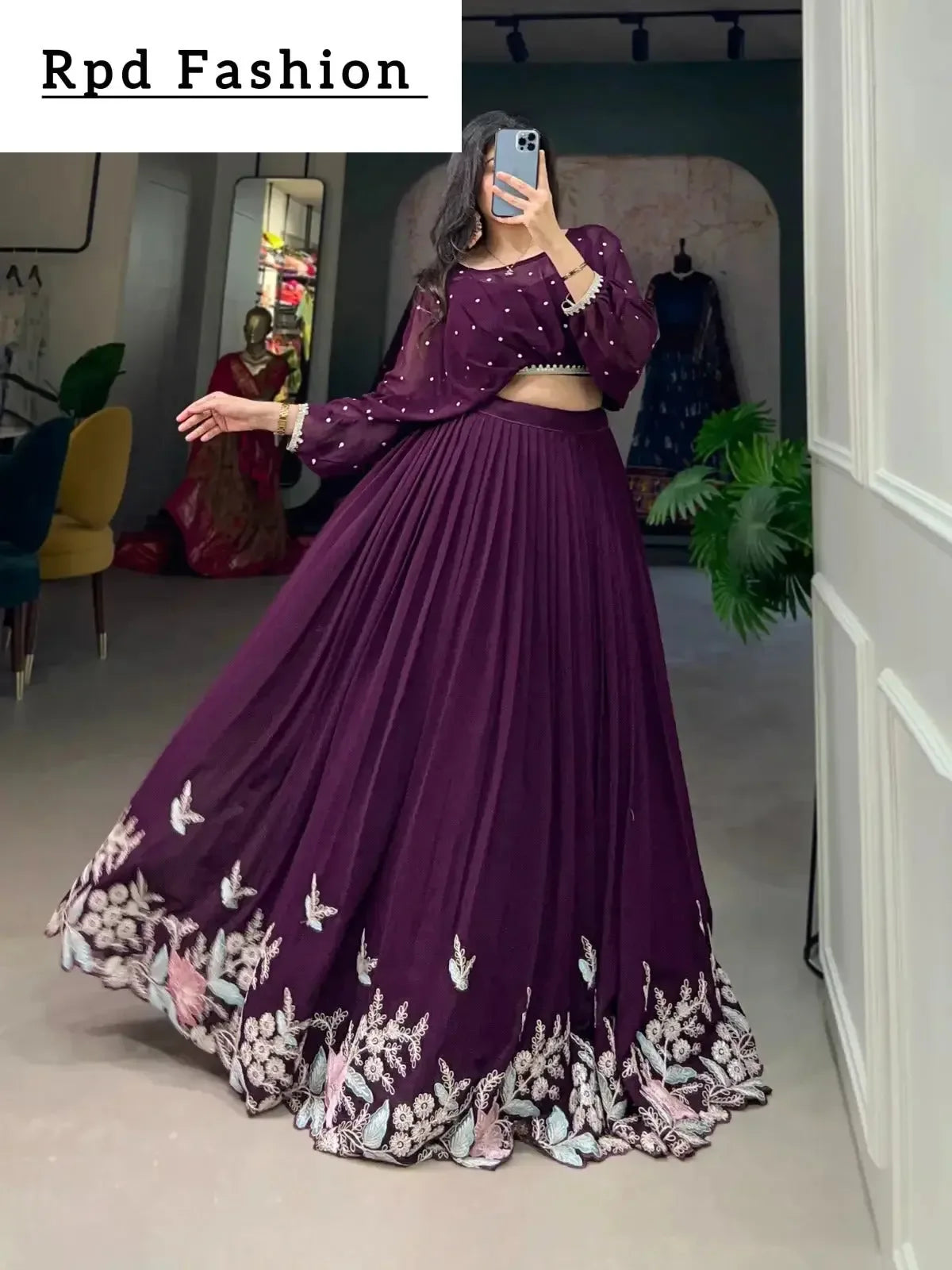 This stitched lehenga set includes Georgette fabric with sequin-thread embroidery and a matching top with beautiful lace-bordered sequin butties. - RPD Fashion