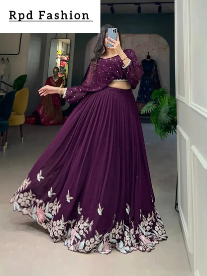 This stitched lehenga set includes Georgette fabric with sequin-thread embroidery and a matching top with beautiful lace-bordered sequin butties. - RPD Fashion