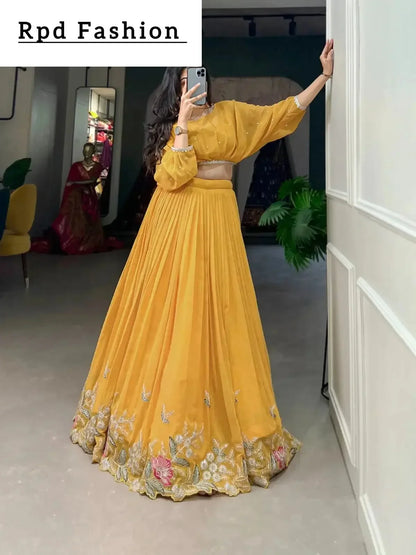 This stitched lehenga set includes Georgette fabric with sequin-thread embroidery and a matching top with beautiful lace-bordered sequin butties. - RPD Fashion