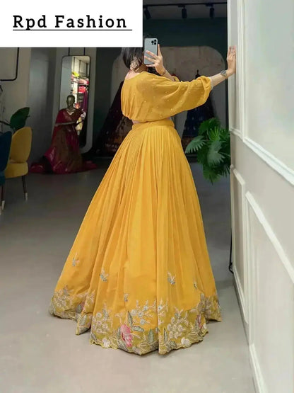 This stitched lehenga set includes Georgette fabric with sequin-thread embroidery and a matching top with beautiful lace-bordered sequin butties. - RPD Fashion