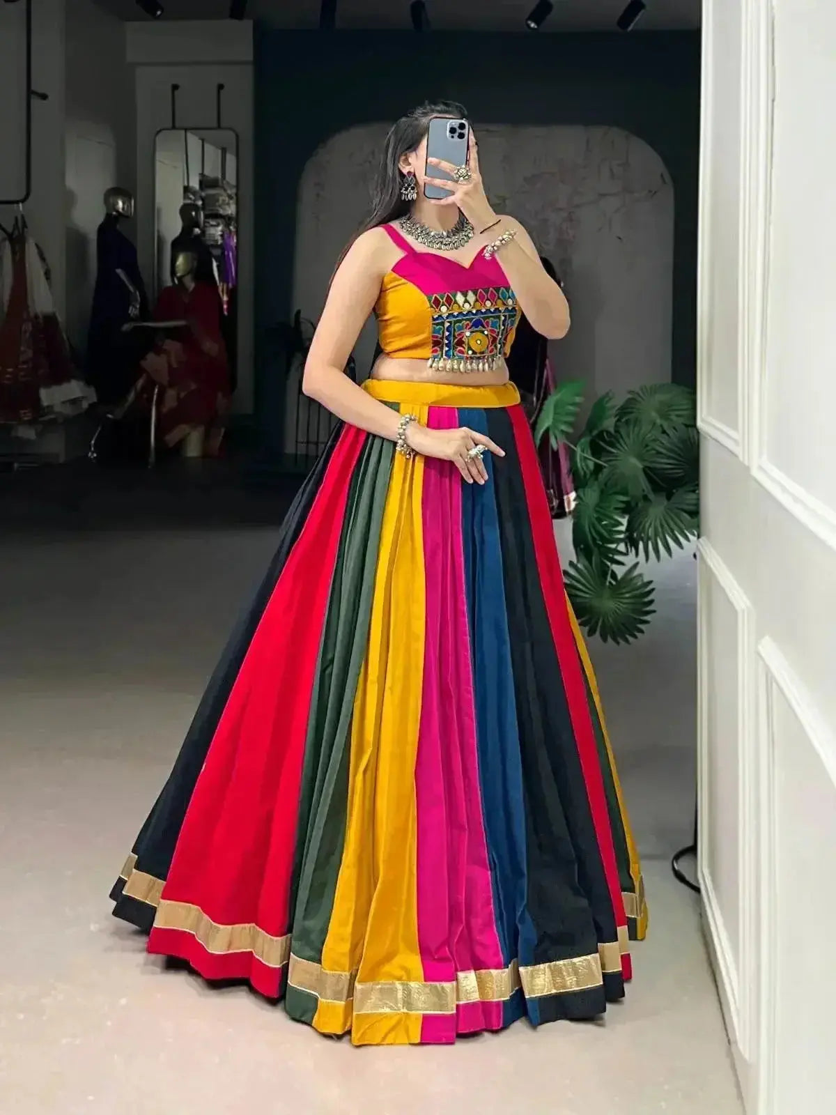 Traditional Navratri Lehenga with Blouse - Black and Gold Sleeveless Crop Top Style - RPD Fashion