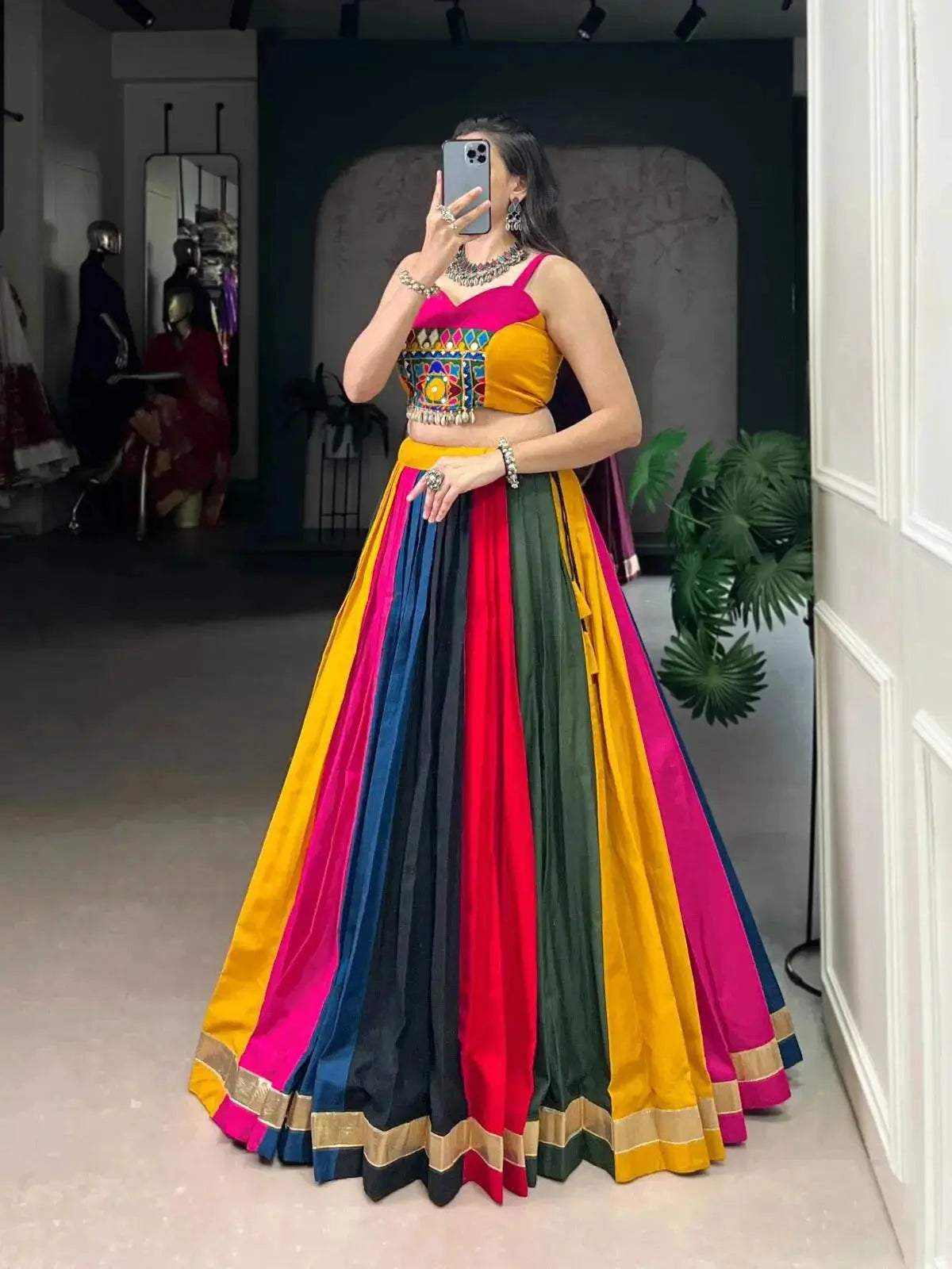 Traditional Navratri Lehenga with Blouse - Black and Gold Sleeveless Crop Top Style - RPD Fashion