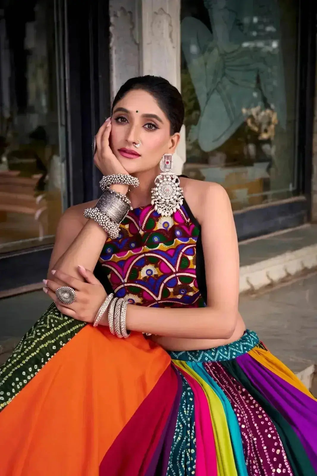 traditional navratri rayon lehenga with blouse, black and gold, sleeveless crop top style - rpd fashion