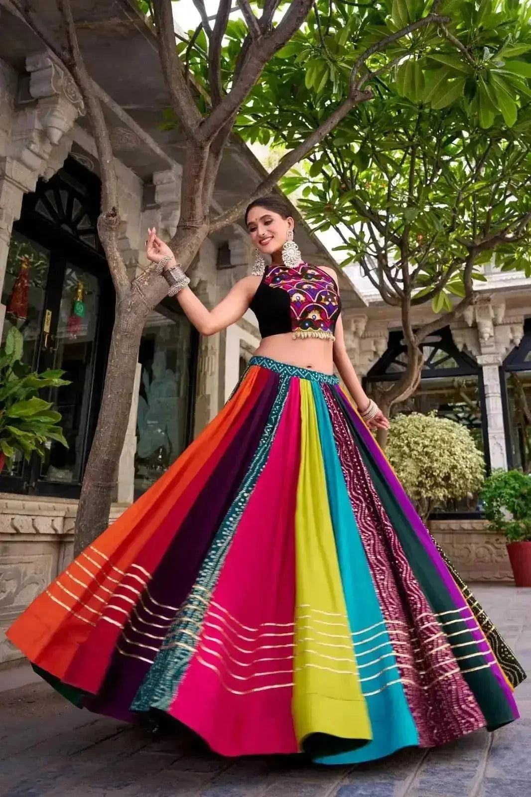 traditional navratri rayon lehenga with blouse, black and gold, sleeveless crop top style - rpd fashion