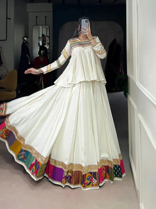 WHITE ETHNIC WEAR LEHENGA CHOLI FOR NAVRATRI FESTIVE LOOK - RPD Fashion
