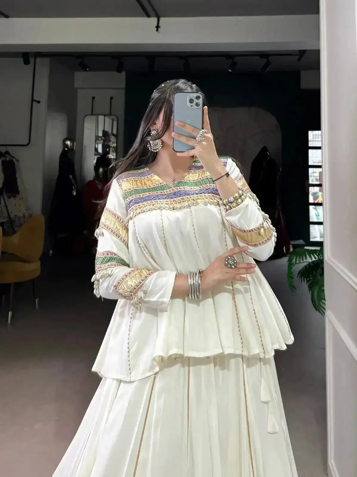 WHITE ETHNIC WEAR LEHENGA CHOLI FOR NAVRATRI FESTIVE LOOK - RPD Fashion