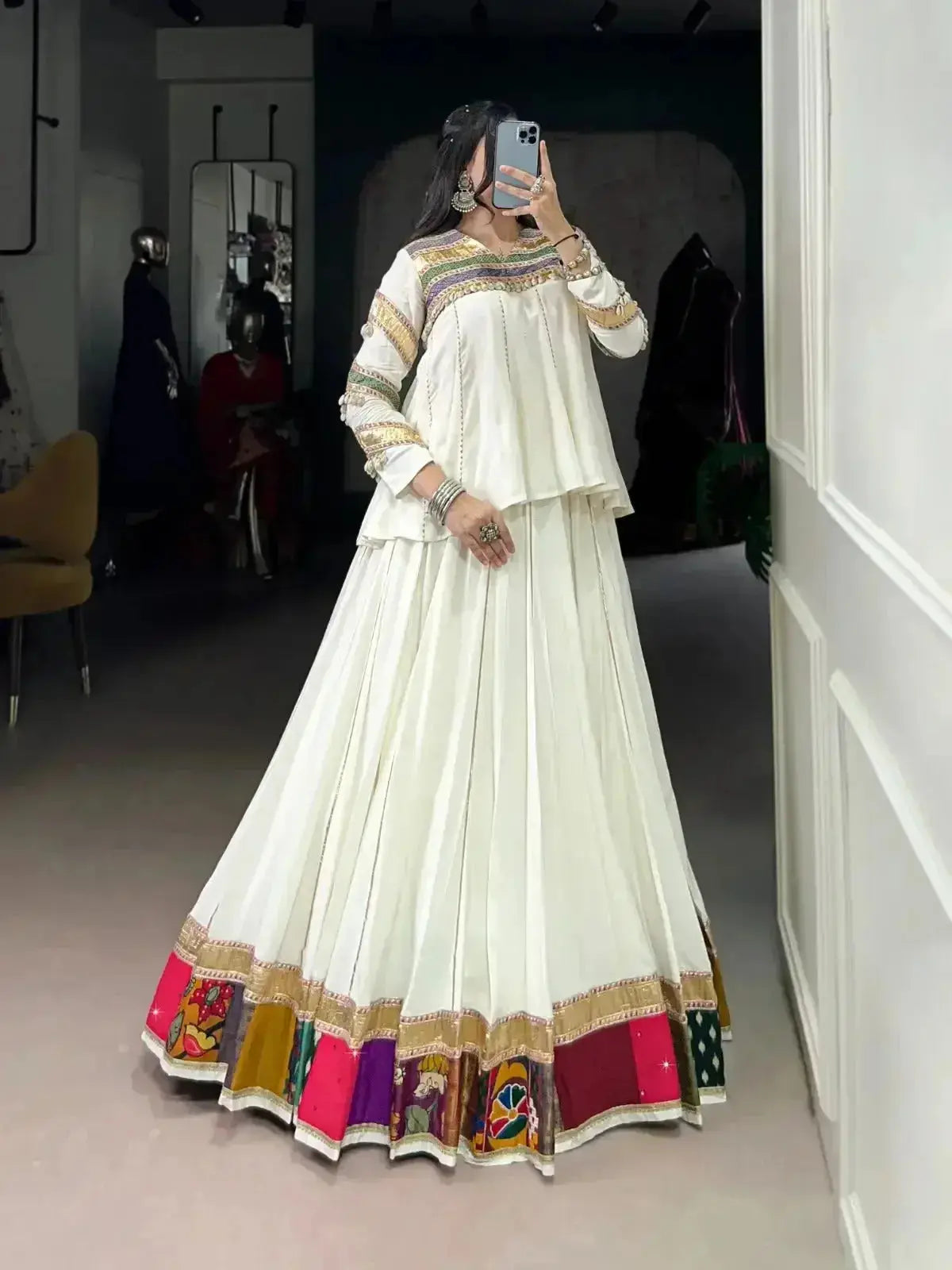 WHITE ETHNIC WEAR LEHENGA CHOLI FOR NAVRATRI FESTIVE LOOK - RPD Fashion