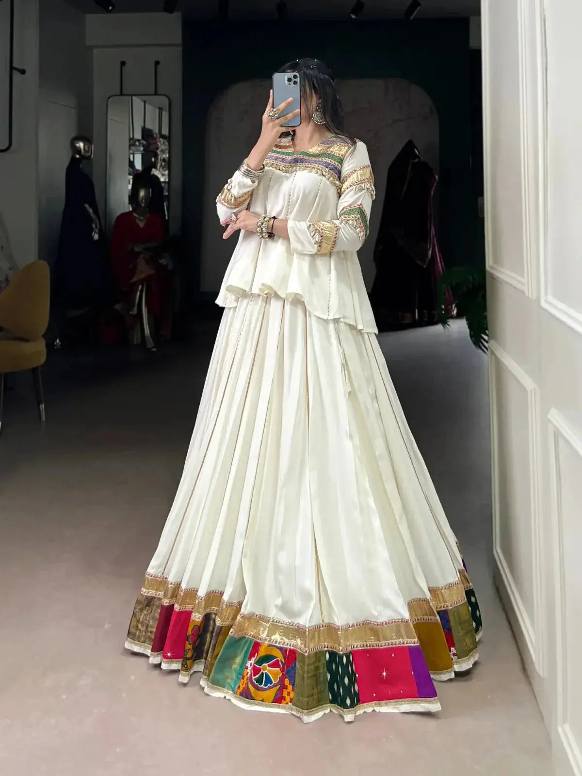 WHITE ETHNIC WEAR LEHENGA CHOLI FOR NAVRATRI FESTIVE LOOK - RPD Fashion