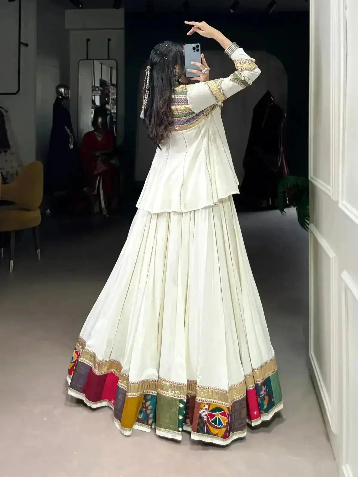 WHITE ETHNIC WEAR LEHENGA CHOLI FOR NAVRATRI FESTIVE LOOK - RPD Fashion