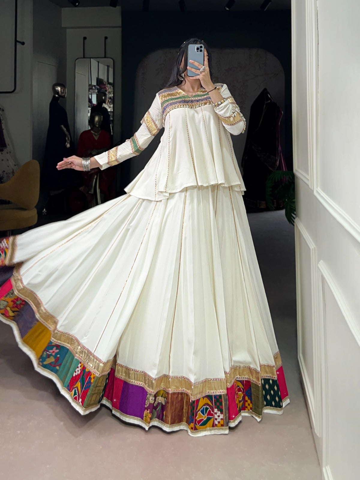 WHITE ETHNIC WEAR LEHENGA CHOLI FOR NAVRATRI FESTIVE LOOK Rpd Fashion