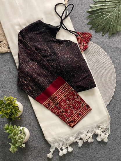 Presenting ajrakh cotton long sleeve blouse with khadi cotton saree
