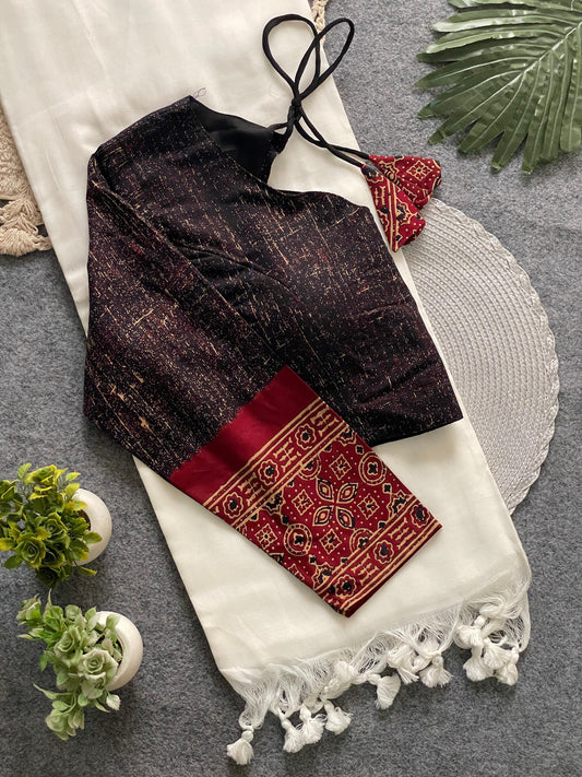 Presenting ajrakh cotton long sleeve blouse with khadi cotton saree