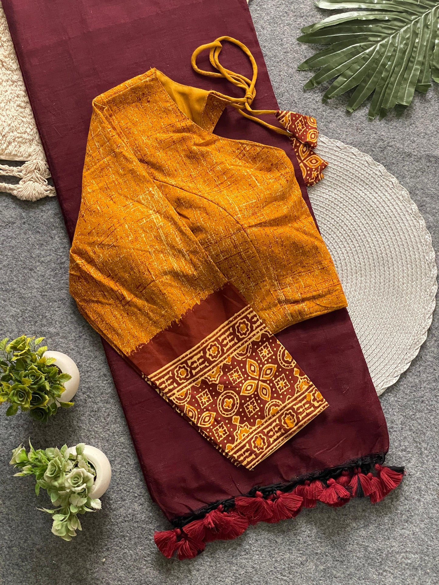 presenting ajrakh cotton long sleeve blouse with khadi cotton saree