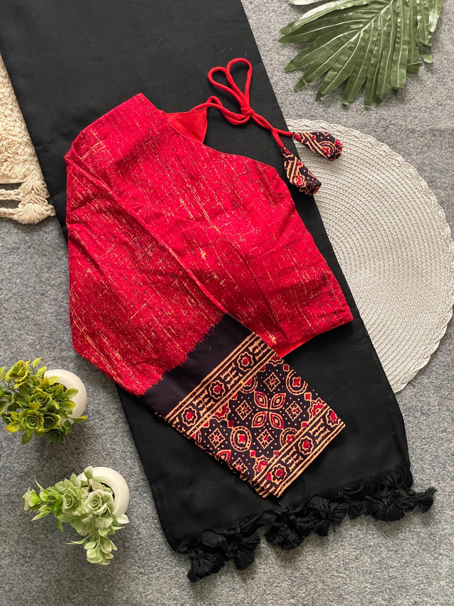 presenting ajrakh cotton long sleeve blouse with khadi cotton saree