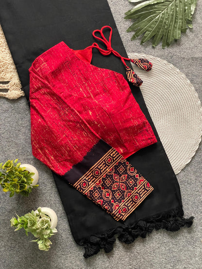 Presenting ajrakh cotton long sleeve blouse with khadi cotton saree