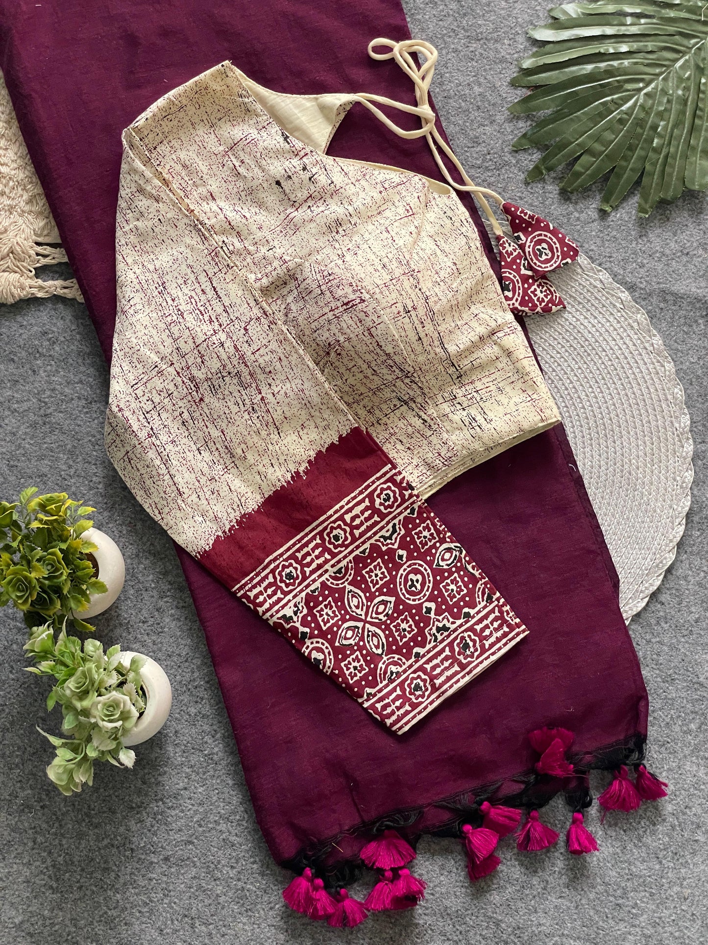 presenting ajrakh cotton long sleeve blouse with khadi cotton saree
