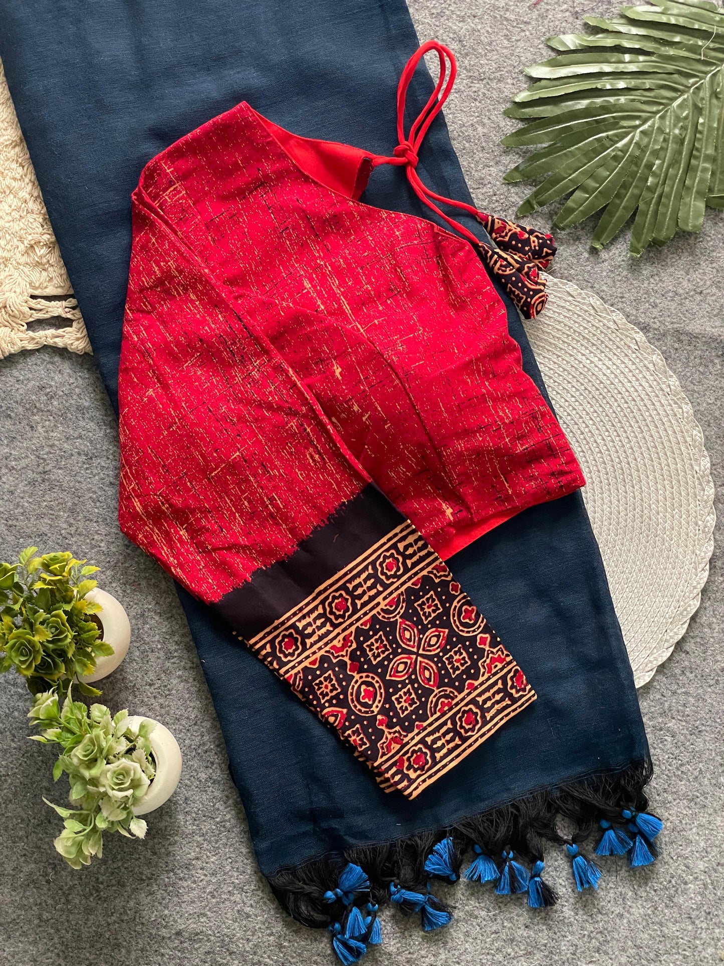 presenting ajrakh cotton long sleeve blouse with khadi cotton saree