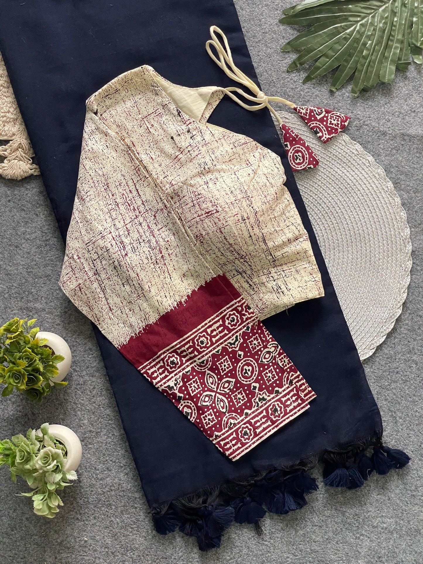 presenting ajrakh cotton long sleeve blouse with khadi cotton saree