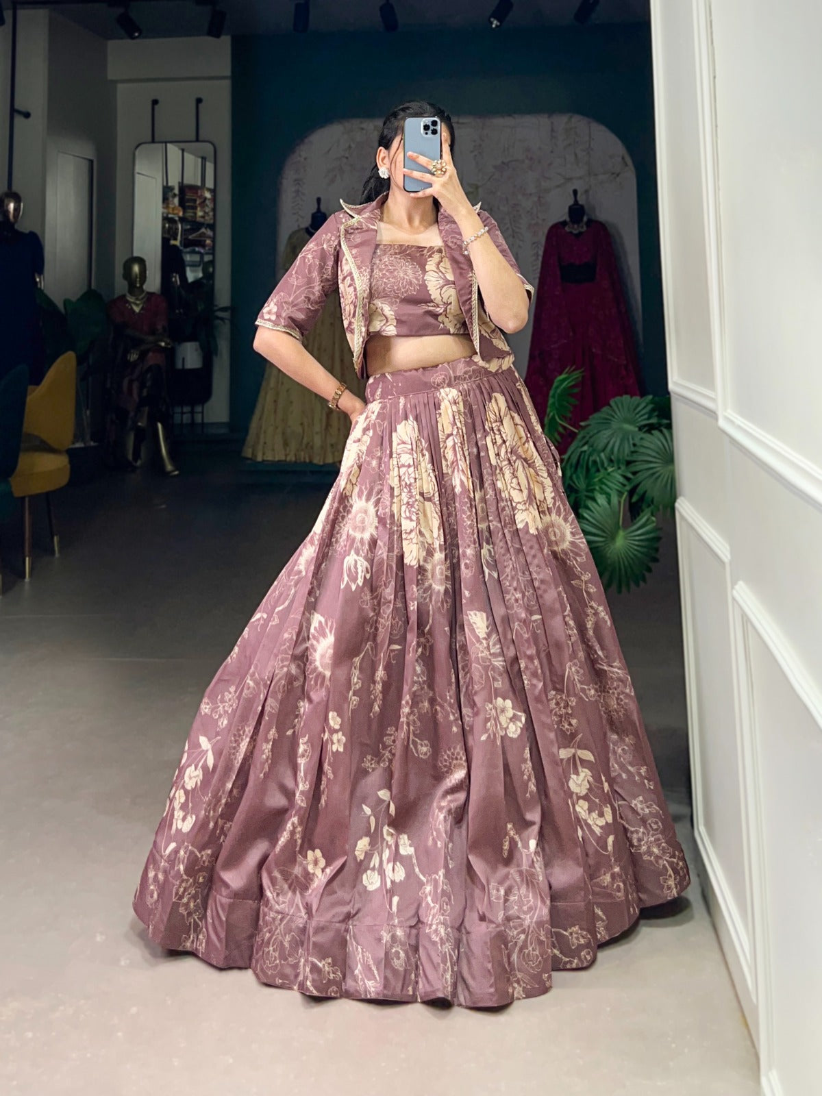 bottle green elegant tussar silk floral co-ord set – lehenga, blouse & koti