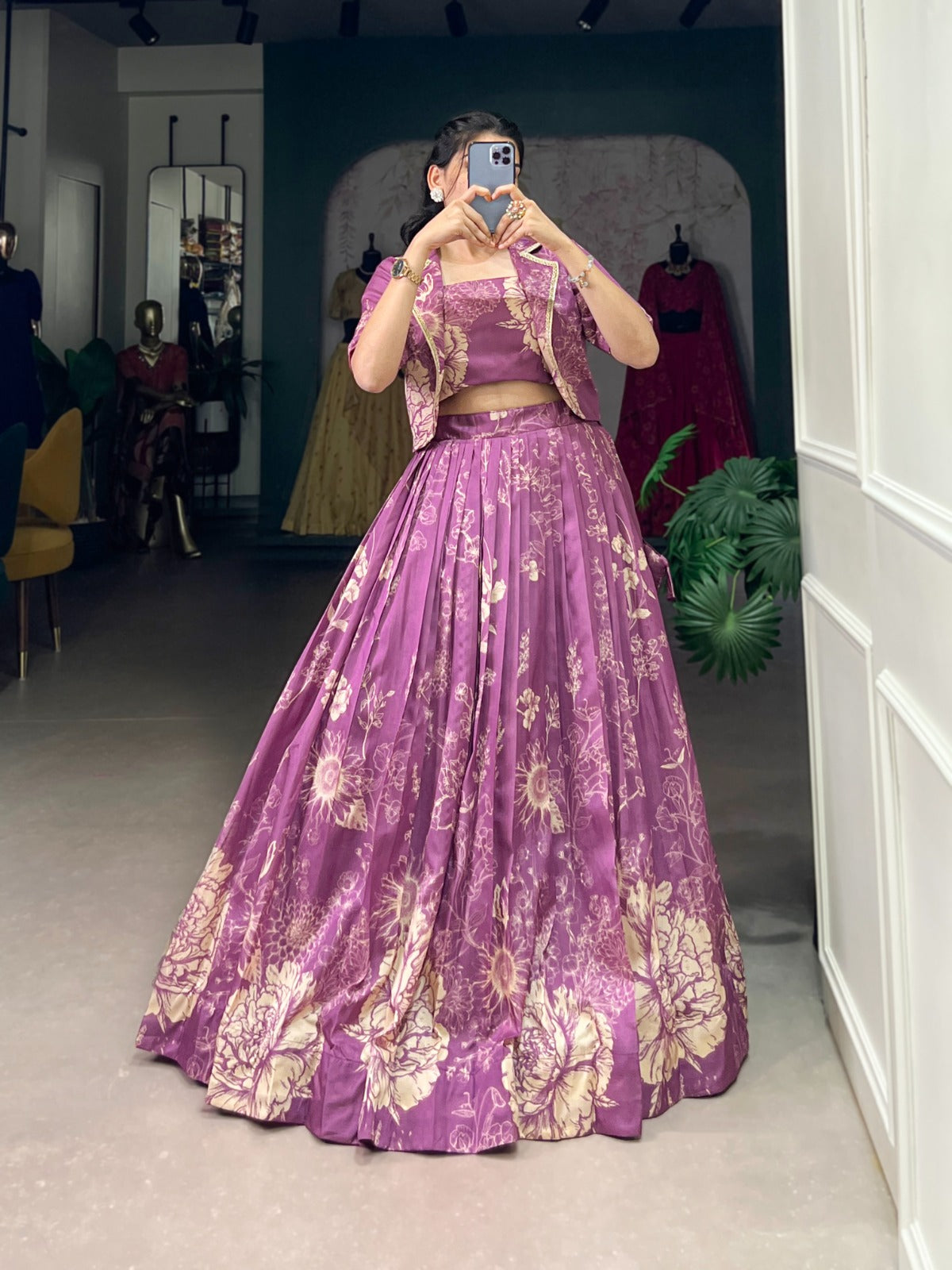 bottle green elegant tussar silk floral co-ord set – lehenga, blouse & koti