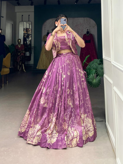Bottle Green Elegant Tussar Silk Floral Co-ord Set – Lehenga, Blouse & Koti