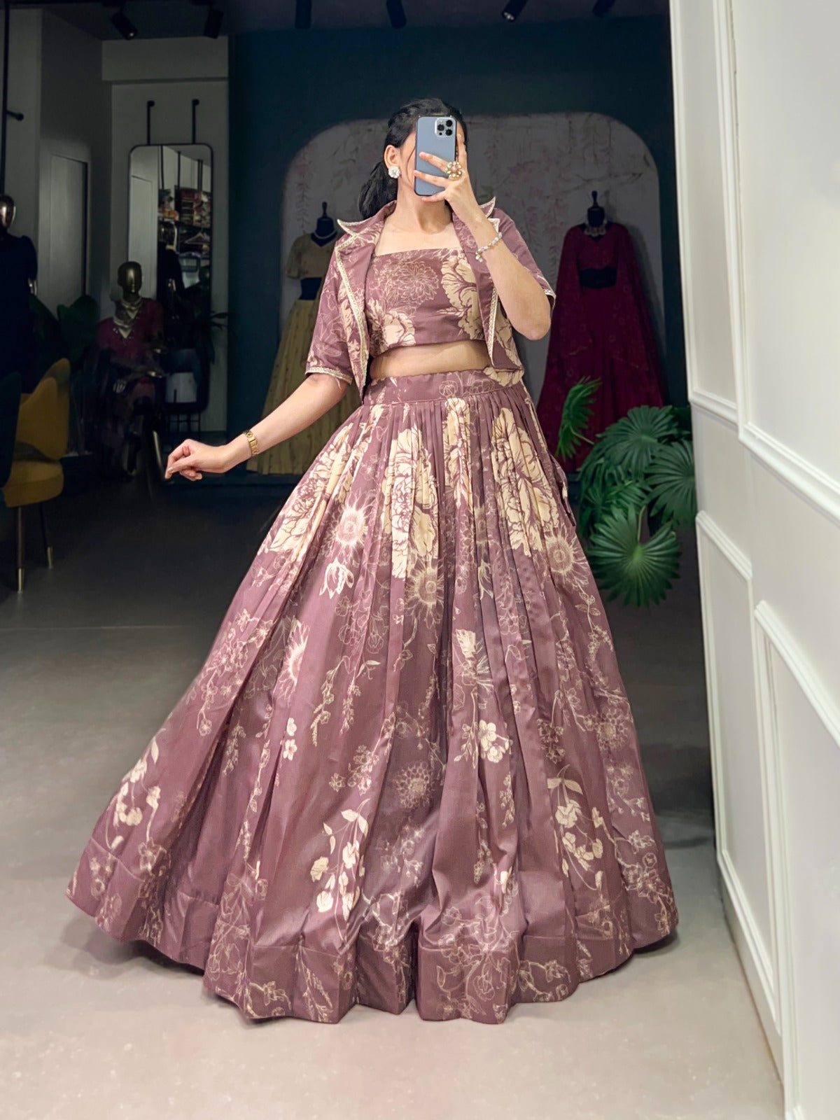 bottle green elegant tussar silk floral co-ord set – lehenga, blouse & koti