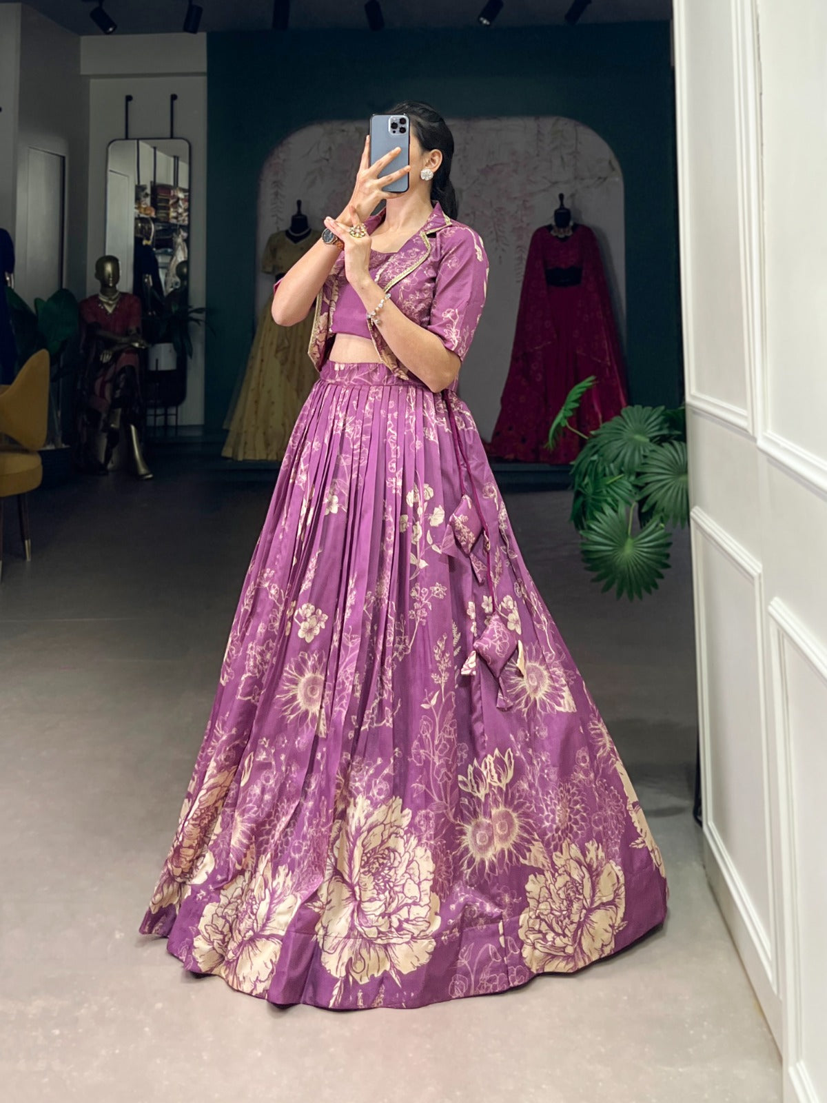 bottle green elegant tussar silk floral co-ord set – lehenga, blouse & koti