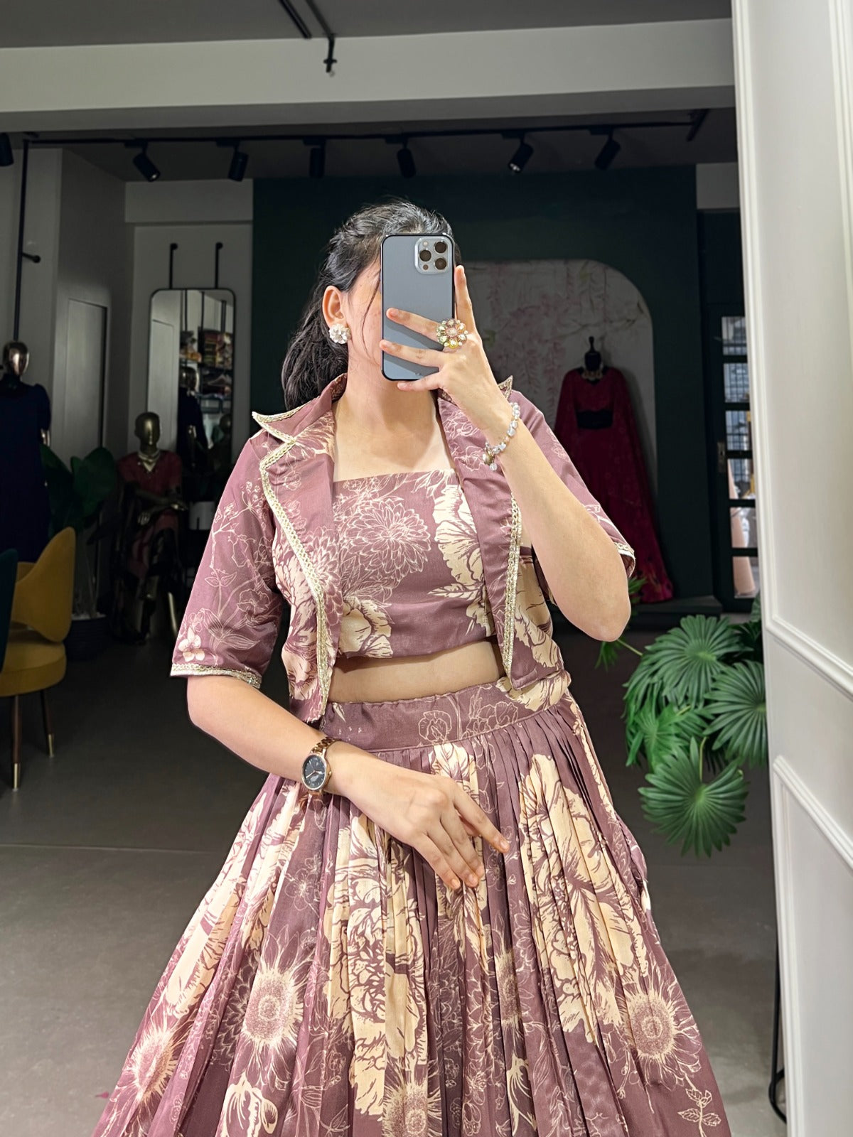 bottle green elegant tussar silk floral co-ord set – lehenga, blouse & koti
