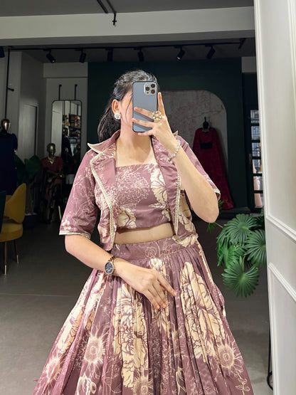 Bottle Green Elegant Tussar Silk Floral Co-ord Set – Lehenga, Blouse & Koti