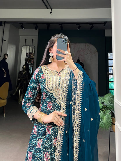 Teal Color Printed With Sequins And Thread Embroidery Work Rayon Salwar Suit Rpd Fashion