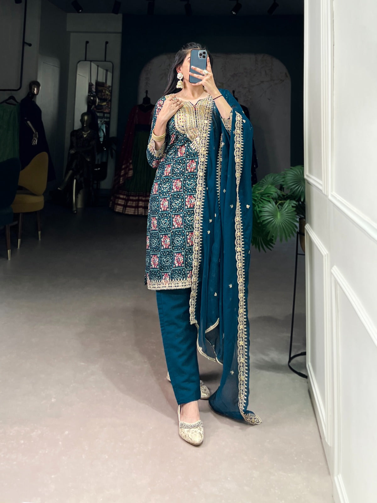 Teal Color Printed With Sequins And Thread Embroidery Work Rayon Salwar Suit Rpd Fashion