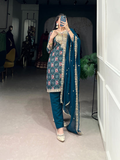 Teal Color Printed With Sequins And Thread Embroidery Work Rayon Salwar Suit Rpd Fashion