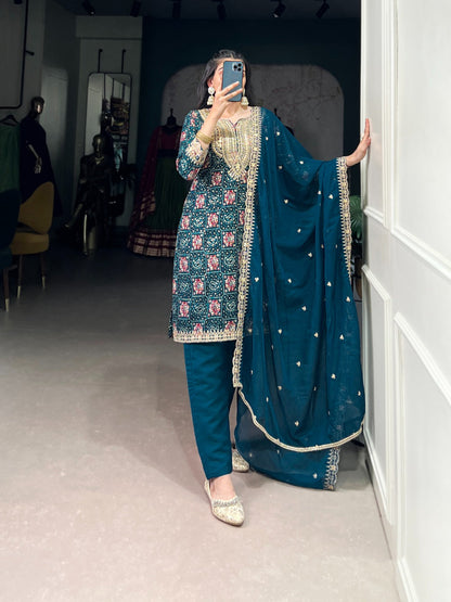 Teal Color Printed With Sequins And Thread Embroidery Work Rayon Salwar Suit Rpd Fashion