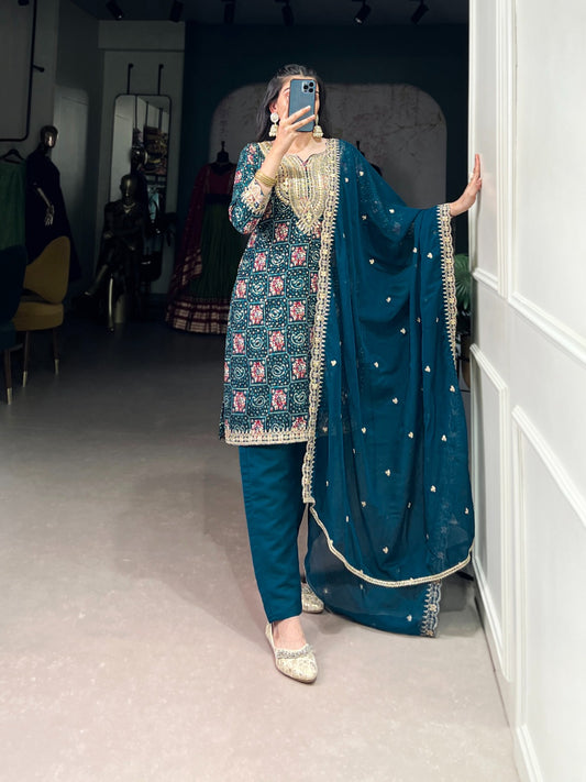 Teal Color Printed With Sequins And Thread Embroidery Work Rayon Salwar Suit