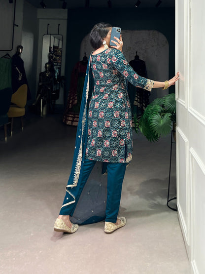 Teal Color Printed With Sequins And Thread Embroidery Work Rayon Salwar Suit Rpd Fashion