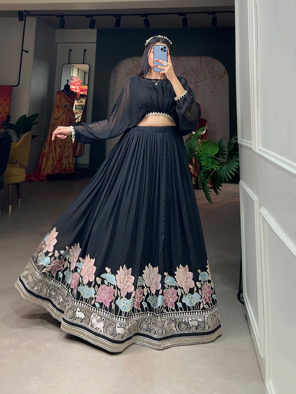 designer georgette stitched lehenga set with sequin embroidery and stylish top – ideal for party, festive, and wedding wear