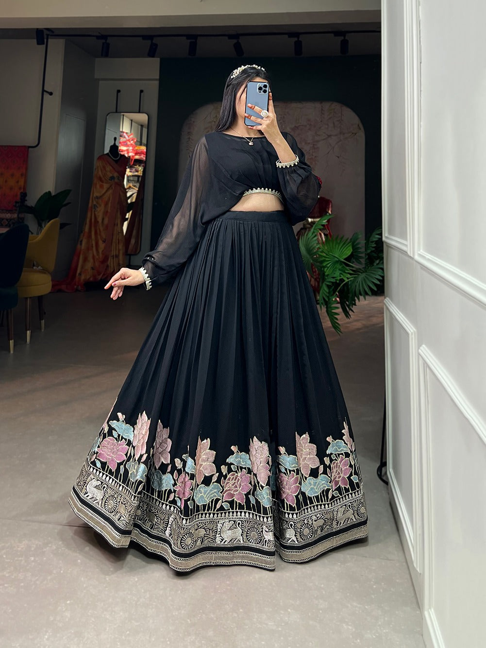 designer georgette stitched lehenga set with sequin embroidery and stylish top – ideal for party, festive, and wedding wear
