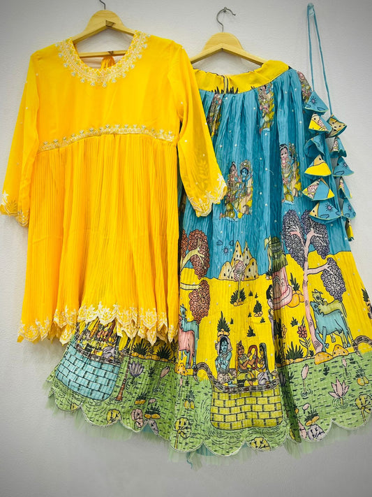 YELLOW AND BLUE KALAMKARI LEHENGA Rpd Fashion