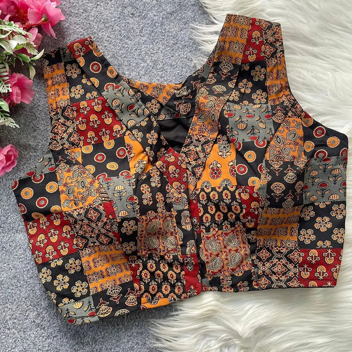women’s ajrakh cotton blouse – sleeveless printed patchwork design rpd fashion