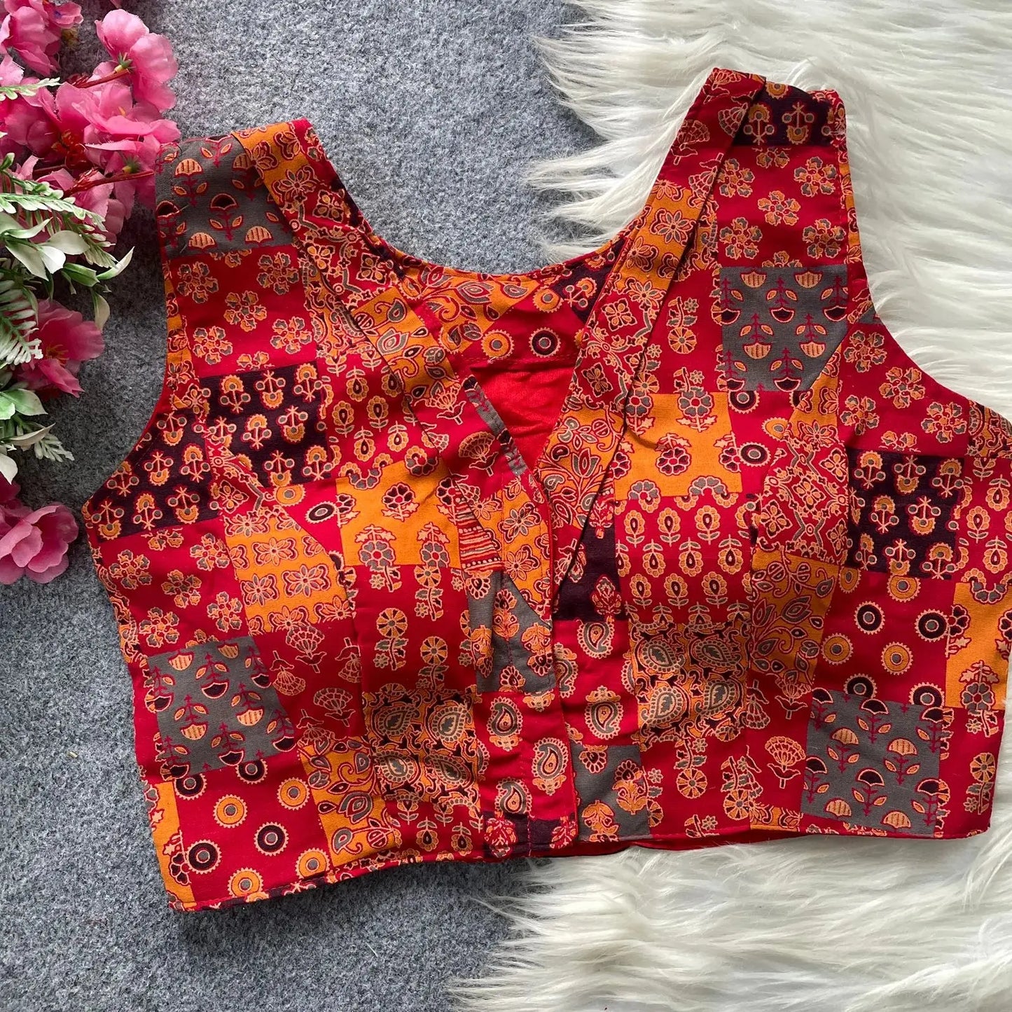 women’s ajrakh cotton blouse – sleeveless printed patchwork design rpd fashion