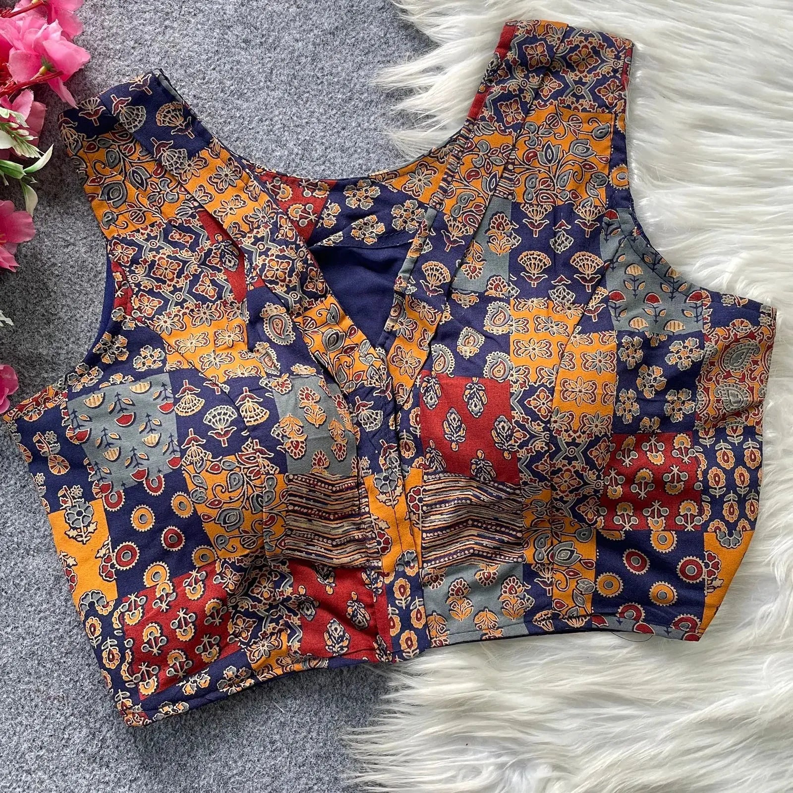 Women’s Ajrakh Cotton Blouse – Sleeveless Printed Patchwork Design RPD Fashion