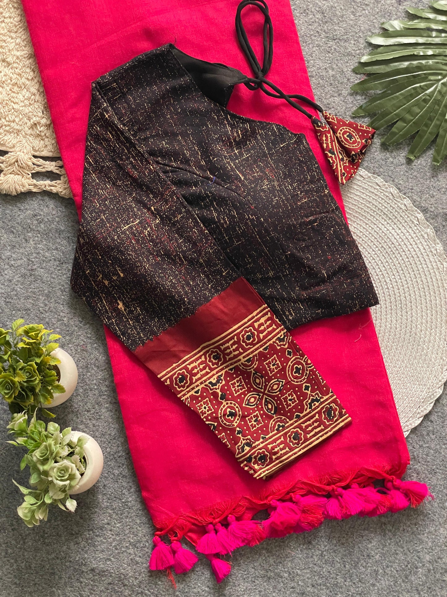 presenting ajrakh cotton long sleeve blouse with khadi cotton saree