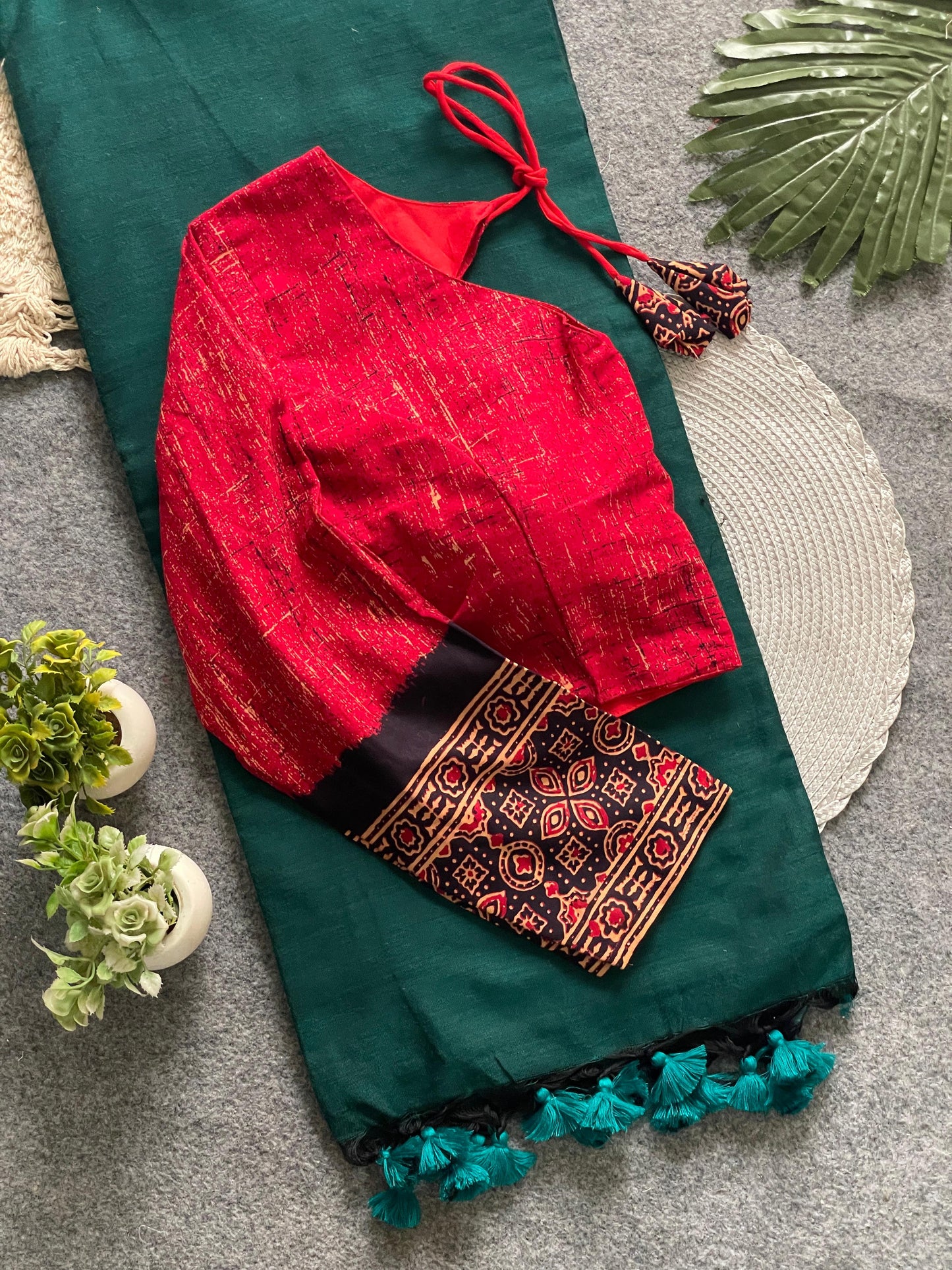 presenting ajrakh cotton long sleeve blouse with khadi cotton saree
